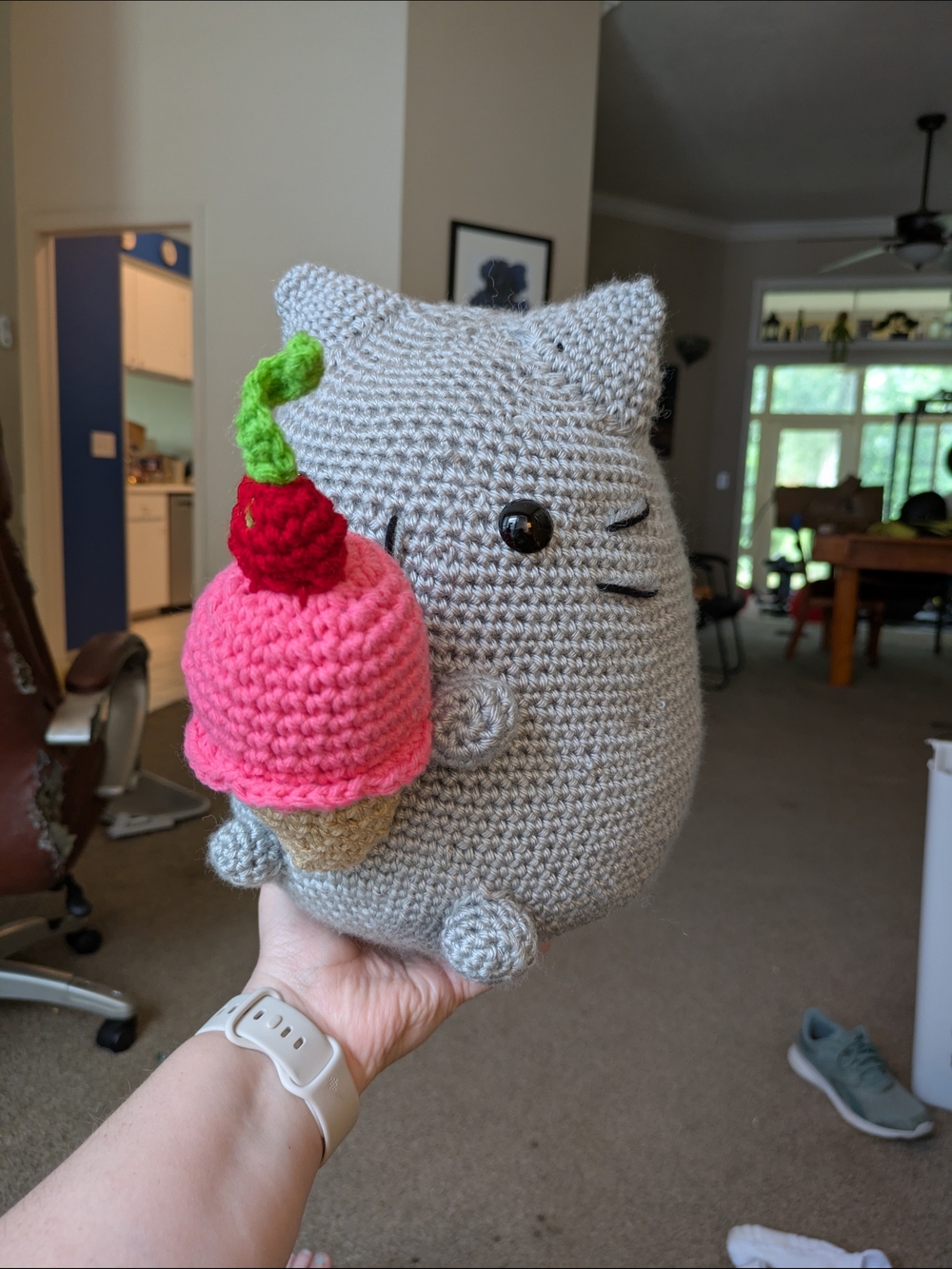 Gray Crochet Cat Plush Toy with Pink Ice Cream Cone